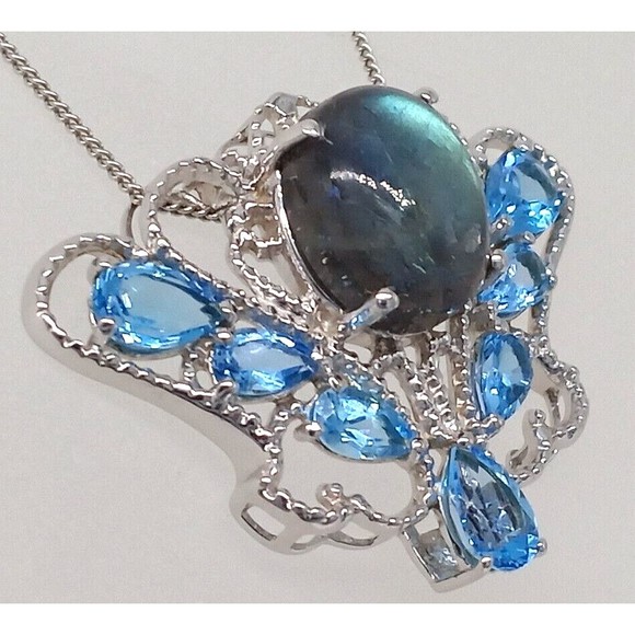 Chuck Clemency Blue Gemstone Topaz Pendant Necklace STS 925 Sterling Sparkly! - Picture 9 of 14